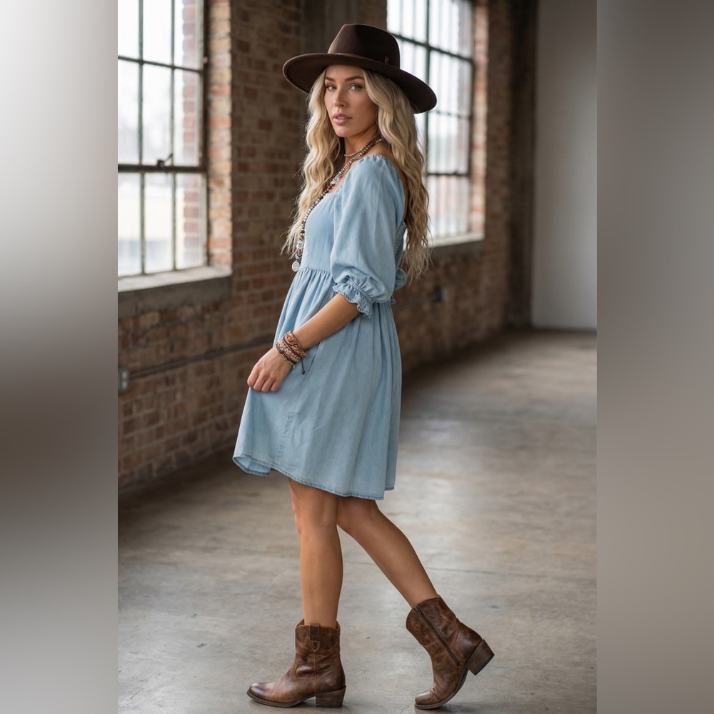 NWT Promesa Denim Tencel Jean Puff Sleeve Mini Dress - Picture 6 of 10